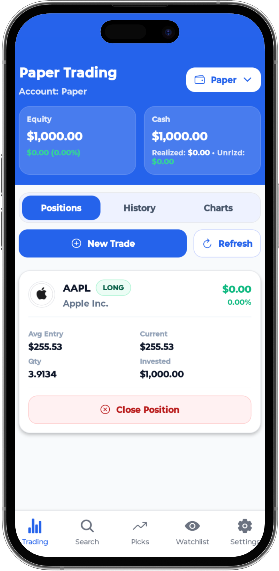Paper trading screen